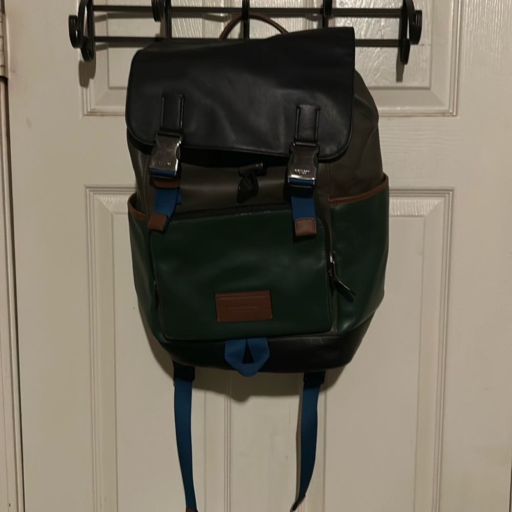 Coach Track Colorblock Leather Backpack Green Brown. - Picture 2 of 11